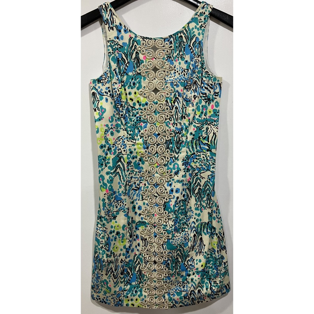 Lilly‎ Pulitzer Dress Womens 00 Blue Green Animal Print Beaded Sleeveless Shift